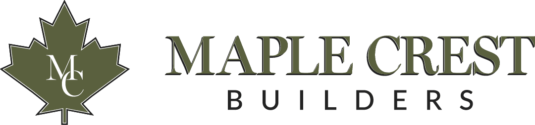 Logo of Maple Crest Builders featuring a green maple leaf with the initials "MC" inside, accompanied by the company name "MAPLE CREST BUILDERS" in uppercase letters to the right of the leaf.